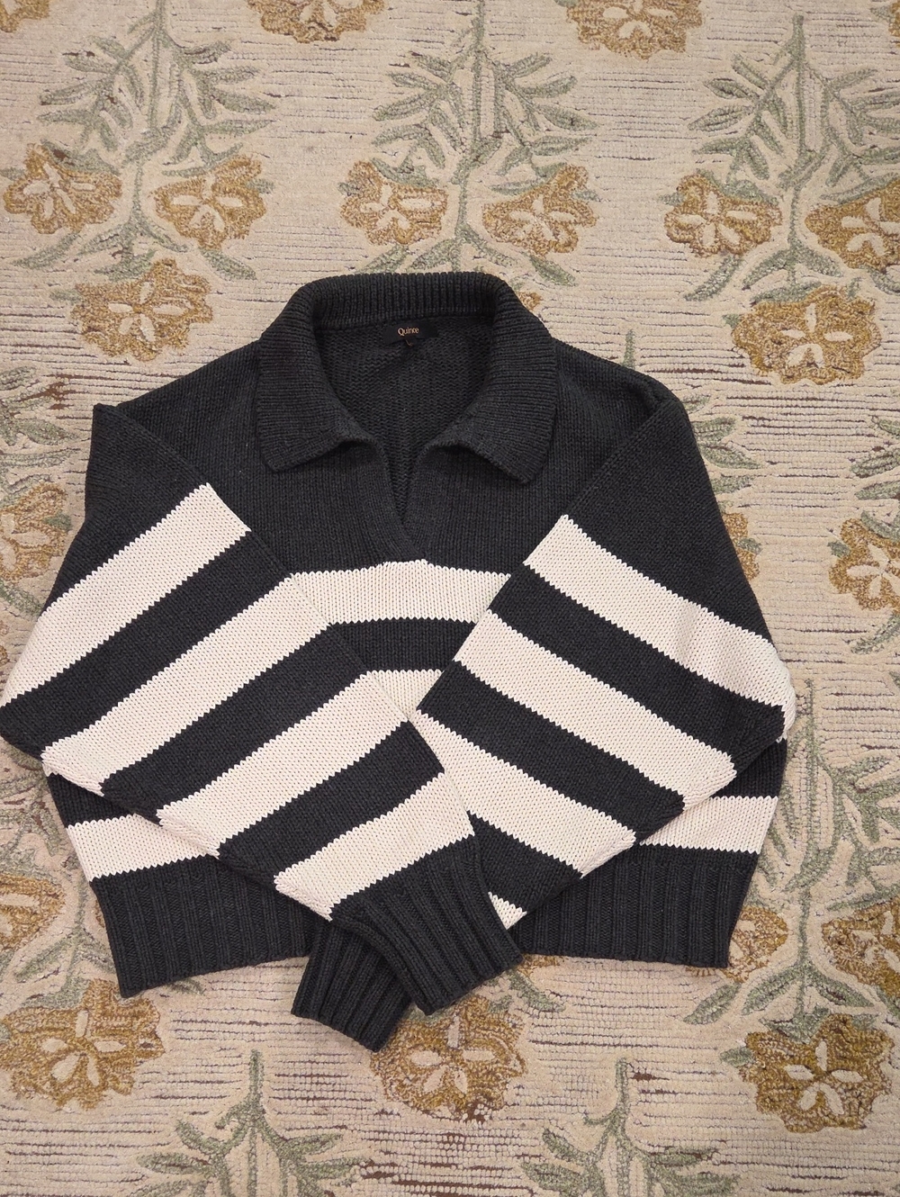 Quince Striped Collared Knit Sweater in Charcoal and White